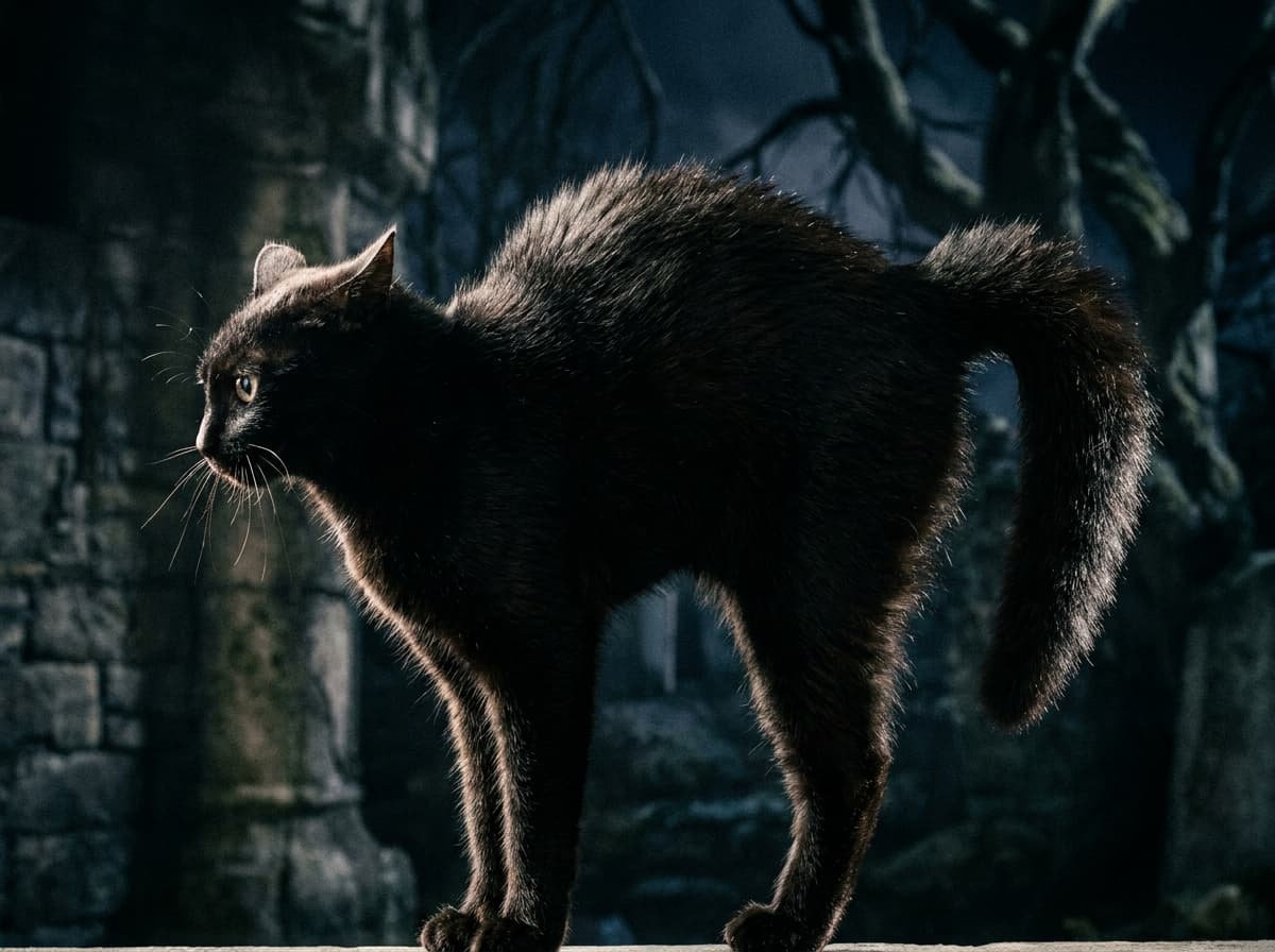 The Halloween Pose — Cat with arched back and puffed fur, sideways stance