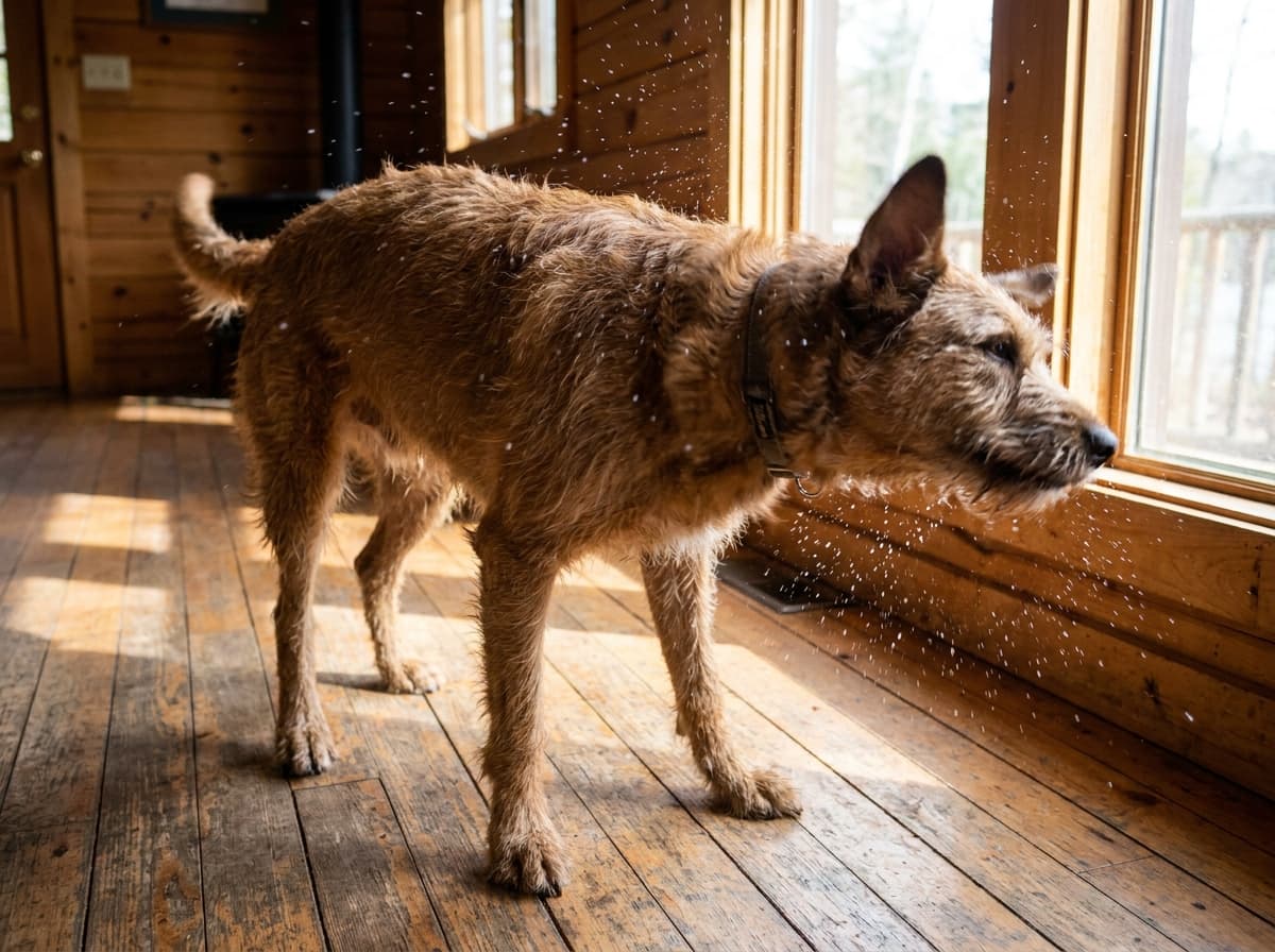 Shake-Off — Dog mid-shake, body twisting