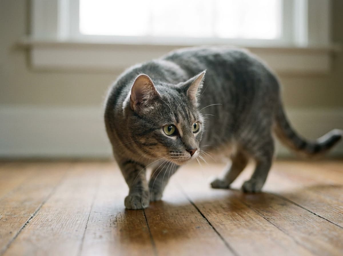 Slow Approach with Sideways Glance — Cat approaching cautiously with sideways body angle