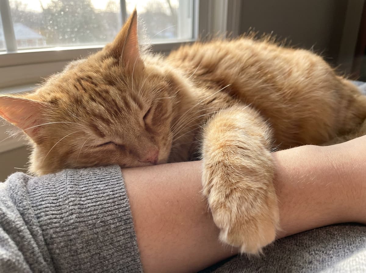 The Aloof Cat Myth — Cat curled against owner in a secure-attachment posture