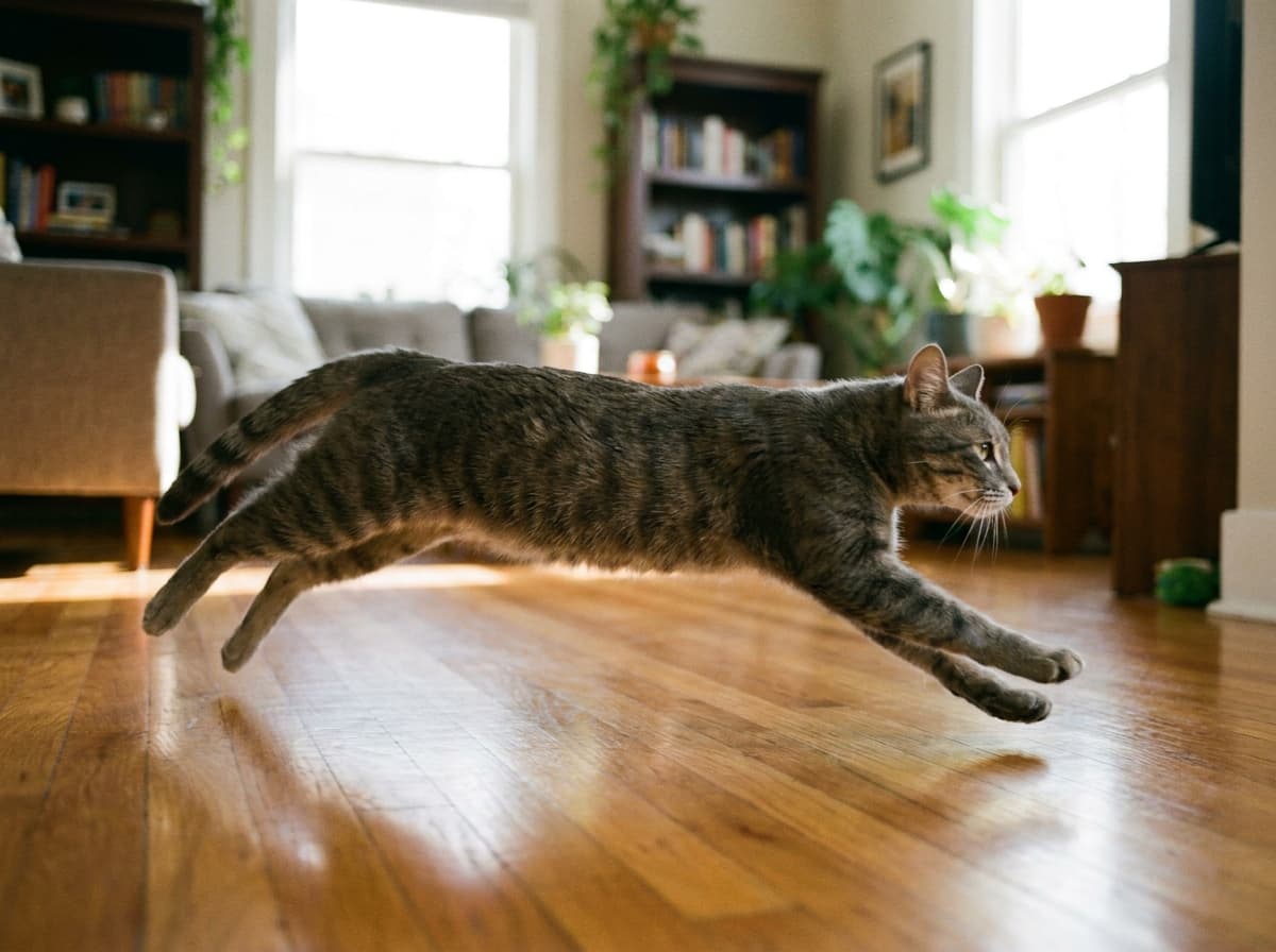The Zoomies — Cat in mid-zoomie, blurred motion through a room